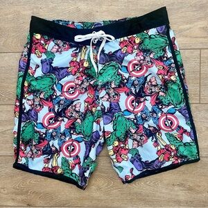 Marvel Superhero Allover Print Swim Trunks Board Shorts Sz XL Iron Man Hulk